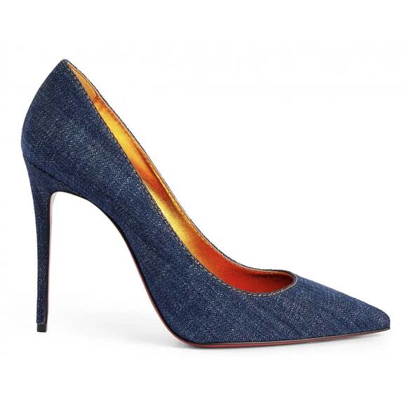 Christian Louboutin Kate 100 Blue Denim Saba Gold Stiletto Pointed Heel Pump 40 - Picture 1 of 12